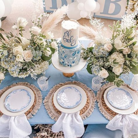 Oh Baby Cake + Guest Table from a Backyard Bohemian Baby Shower on Kara's Party Ideas | KarasPartyIdeas.com Boy Baby Shower Tea Party, Boy Tea Party Baby Shower Ideas, Baby Boy Tea Party Shower Ideas, Classic Baby Boy Shower Ideas, Baby Shower September, Baby Blue Color Palette, Backyard Bohemian, Bohemian Baby Shower, Baby Shower Theme Decorations