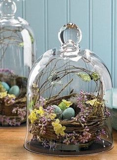 Bird's nest with eggs in basket under glass dome / romantic shabby cottage chic home decor. Diy – Velikonoce, Glass Cloches, Diy Osterschmuck, Cloche Decor, Rustic Easter Decor, Easter Party Decor, Glass Cloche, Easter Centerpieces, Spring Easter Decor