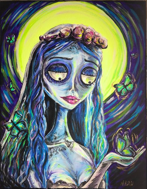 Tim Burton Painting Ideas, Tim Burton Drawings, Corpse Bride Art, Watercolor Pencil Art, Artsy Ideas, Bridge Painting, Painted Fan, Tim Burton Art, Bridge Art