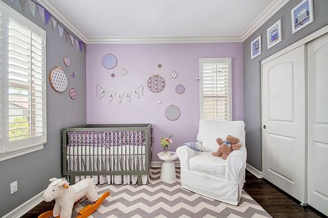 Refined modern nursery in gray and purple 20 Gorgeous Nurseries with Purple Panache Purple Baby Rooms, Transitional Nursery, Purple Nursery Girl, Purple Girls Room, Lavender Nursery, Purple Nursery