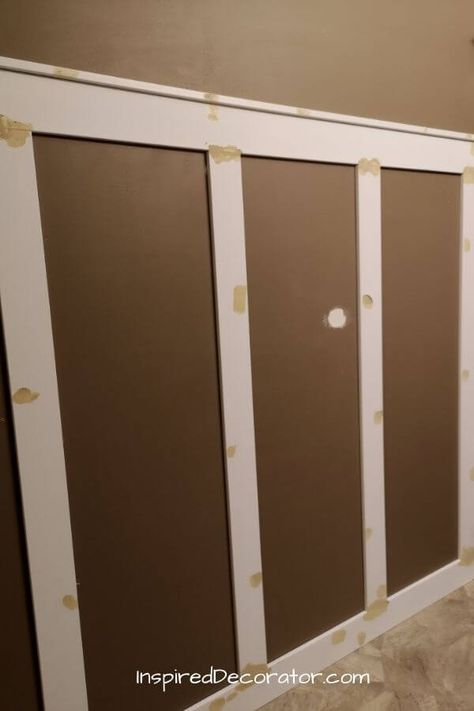 Fake Wainscoting Diy Bathroom, How To Do Wainscoting In Bathroom, 1x4 Wainscoting, Diy Bathroom Wall Paneling, Easy Diy Panel Wall, How To Do Waynes Coating Wainscoting, Diy Bathroom Wainscotting, Easy Wainscoting Diy Bathroom, Wainscoting Bathroom Diy