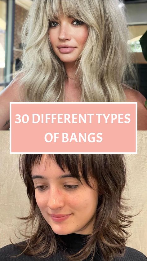 30 Different Types of Bangs Bang Types Chart, Face Shaping Bangs, Different Bang Styles Face Shapes, Types Of Bangs For Long Hair, Bang Types, Types Of Bangs Chart, Bangs Vs No Bangs, Piecey Bangs, Different Types Of Bangs