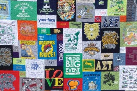 DIY: Make Your Own T-Shirt Quilt (No Sewing!) Tshirt Quilt Easy, T Shirt Wall Art, T-shirt Quilts, Tshirt Quilt Diy, Make Your Own Blanket, Make Your Own Tshirt, Unique Throw Blankets, Tshirt Quilt Pattern, T Shirt Blanket