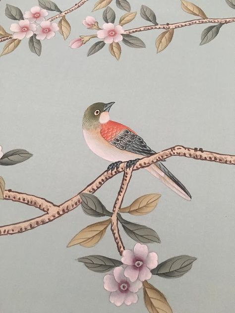 COLORWAY: Chinoiserie Handpainted Wallpaper on Blue Silk | Etsy Falcon Drawing, Chinoiserie Paintings, Macaw Art, Chinoiserie Pattern, Vietnam Art, Farmhouse Fabric, Hand Painted Wallpaper, Chinese Brush Painting, Sketch Painting