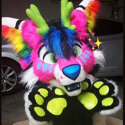 Sparkle puppet! Aesthetic Fursuits, Sparkle Fursona, Unique Fursuits, Sparkle Dog Fursuit, Colorful Fursuits, Sparkledog Fursuit, Sparkle Dog Fursona, Cosplay Cute, Rainbow Leopard Print