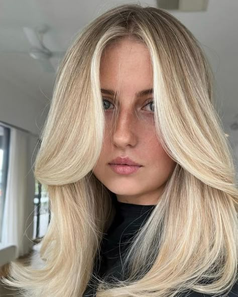 JAMES THE SALON on Instagram: "Blonde. Summer and this hair… a dream. #summerhair #blondehair #blonde #hairgoals #hairsalon #dreamhair" Lived In Buttery Blonde, Blond Hair With Roots, Blonde Hair Creamy, Blonde Root Blend, Blonde Hair Darker Roots, Lived In Creamy Blonde, Butter Blonde Hair Balayage, Blonde Blended Roots, Blended Roots Blonde