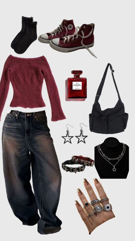 Cherry Grunge Outfit, Dark Red Outfit Aesthetic, Red Grunge Outfit, Dark Grunge Outfits, 2010 Outfits, Downtown Outfits, Earthy Outfits, Easy Trendy Outfits, Streetwear Fashion Women