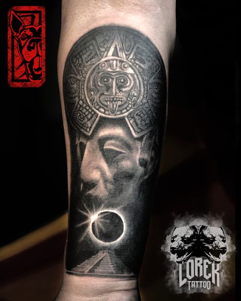 Work by Lorek Tattoo Art Mayan calendar composition with king Pakal sculpture, mayan piramid, eclipse and mayan calendar Mayan Calendar, Skull Tattoos, Tattoo Art, Art Tattoo, Composition, Sculpture, Tattoos, Memes, Quick Saves