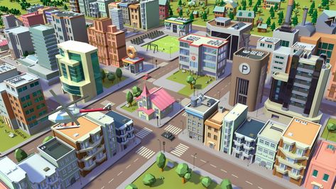 Low Poly City by Zehra AsgharResponsible for modeling lighting and texturing. The animation was done by Muzammil. Low Poly City Buildings, Bloxburg Towns, Thumbnail Yt, Low Poly City, Game Art Environment, Cartoon City, Map Games, City Games, 3d City