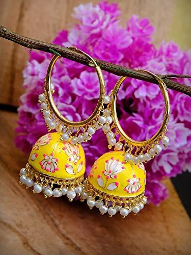 Crunchy Fashion, Hoop Jhumka, Jewellery Traditional, Fancy Jewellery Designs, Jhumki Earrings, Bollywood Jewelry, Wedding Party Jewelry, Yellow Earrings, Popular Jewelry