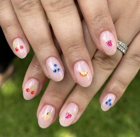 French Tip Nail Ideas With Design, Fruit Biab Nails, Gel Designs On Natural Nails Short, Almond Fruit Nails, Fruit Nails Aesthetic, Short Fruit Nail Designs, Fruit Sticker Nails, Summer Minimal Nails, Short Nail Summer Ideas