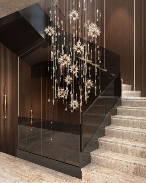 THE HOUSE OF CASTRO Stairwell Chandelier, Luxury Lighting Design, Handmade Chandelier, Wall Decoration Ideas, Double Height, Staircase Chandelier, Room Deco, Edge Lighting, Furniture Trends