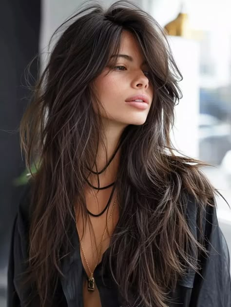 Waist Length Shag Haircut, Long Shag Haircut With Side Part, Long Shag Side Part, Long Shag For Fine Hair, Shag Side Part, Long Shag Haircut Straight Hair, Long Haircut Side Part, Side Part Shag Haircut, Braids For Ladies