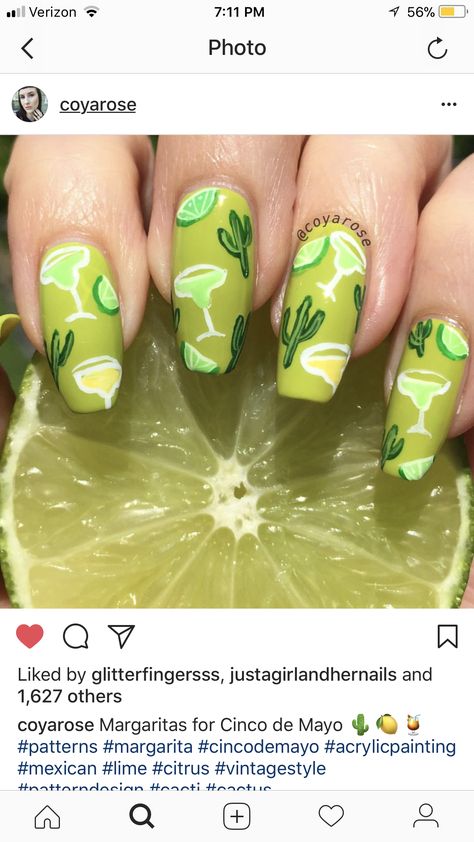 Bartender Nails Design, Margarita Glass Nails Design, Jimmy Buffet Nails, Alcohol Inspired Nails, Agave Nails, Margarita Nail Art, Margaritaville Nails, Margarita Nails Design, Tequila Nails Design