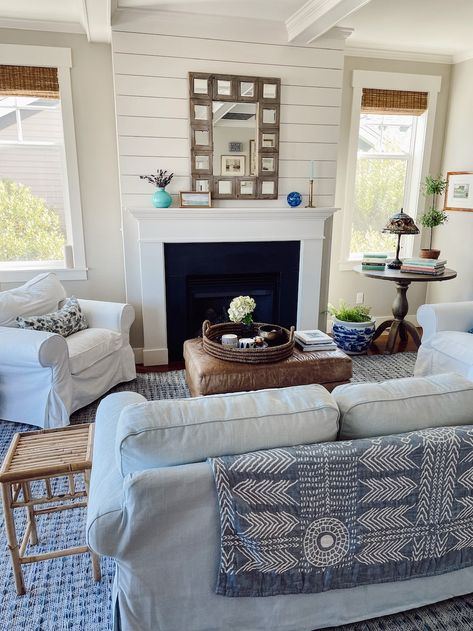 Ektorp Living Room, Pottery Barn Sofa, Rainy Outside, Ikea Ektorp Sofa, White Slipcovers, White Mantel, Blue And White Rug, Ikea Ektorp, Grey Sectional Sofa