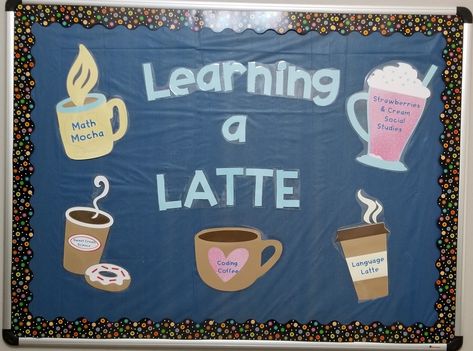 Coffee Themed Bulletin Board Mug Bulletin Board, Grade 3, Teacher Classroom, Bulletin Board, Bulletin Boards, Coffee Bar, Classroom Ideas, Cappuccino, Coding