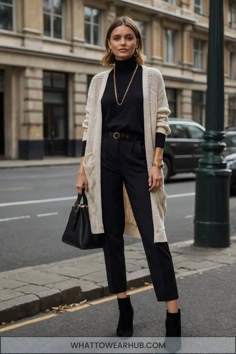 15 Chic Black Outfit Ideas For Women This Autumn Classy Punk Aesthetic, Classy Casual Outfits For Women, Black Outfit Ideas For Women, Black Outfits Classy, Cardigan Work Outfit, Edgy Work Outfits, Black Outfit Ideas, Black Fall Outfits, Boss Lady Outfit