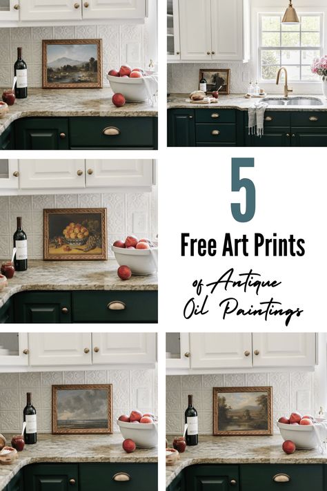 Artwork On Kitchen Counter, Framed Art Kitchen Counter, Framed Art On Kitchen Counter, Antique Prints Free Printables, Vintage Bathroom Art Prints, Kitchen Oil Painting, Vintage Kitchen Prints, Kitchen Artwork Painting, Kitchen Paintings Art Wall Decor