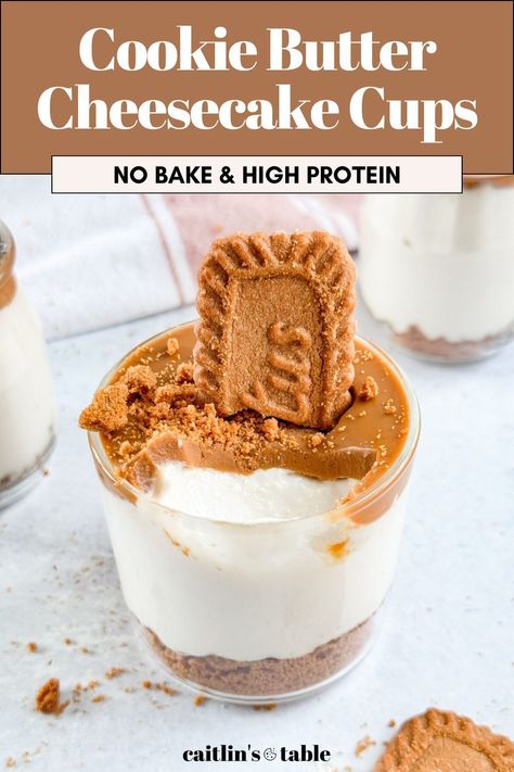 Check out these high protein cookie butter cheesecake cups! This quick and easy no bake cheesecake filling is made with cottage cheese, greek yogurt, maple syrup and vanilla extract. Top with a delicious lotus biscoff cookie and enjoy this mini dessert cup. Find this high protein cookie butter cheesecake cups and more easy treats on the blog.