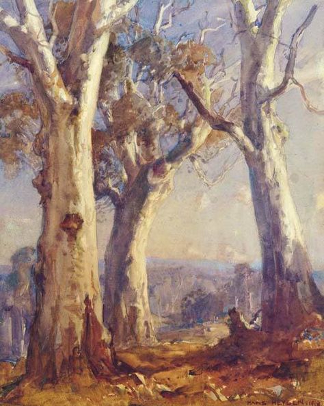 Hans Heysen - Gum Trees 1918 Tree Painting Easy, Aspen Trees Painting, Gum Trees, Australian Trees, Australian Painting, Tree Paintings, Gum Tree, Farm Paintings, Tree Textures