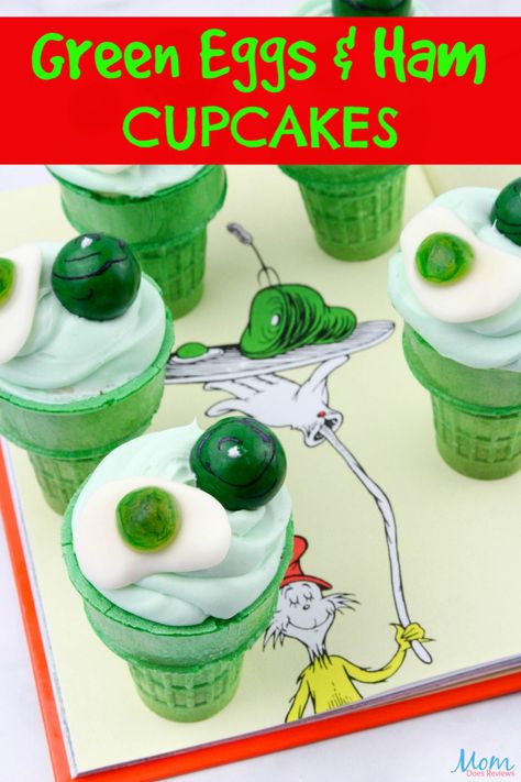 Green Eggs & Ham Cupcakes Recipe & Tutorial #drseuss #funfood #cupcakes Green Egg Ribs, Pesto Deviled Eggs, Ham Sliders, Big Green Egg Grill, Green Ice Cream, Big Green Egg Recipes, Ham Breakfast, Green Egg Recipes, Avocado Deviled Eggs