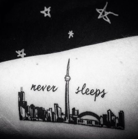 Toronto skyline tattoo never sleeps #toronto #tattoo #skyline #city #skylinetattoo #neversleeps Toronto Skyline Tattoo, Toronto Tattoo, Skyline Tattoo, Toronto Skyline, Never Sleep, Deathly Hallows Tattoo, Triangle Tattoo, Aesthetic Wallpapers, Tatting