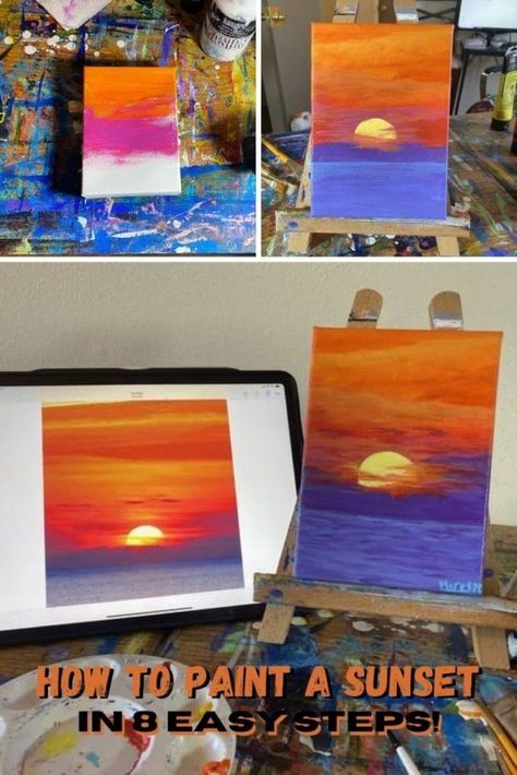 Painting A Sunset Easy, Sunrise Easy Painting, Simple Sunset Painting Step By Step, How To Paint A Sunrise Step By Step, Sunset Beach Canvas Painting, Painting Sunset Acrylic, How To Paint A Sunset Step By Step Easy, Painting A Sunset Step By Step, Painting A Sunrise