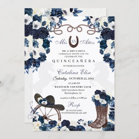 Western Xv Invitations, Navy Blue Quinceanera Centerpieces, Western Quince Invitations, Quince Vaquera Theme, Blue Charro Quinceanera Theme, Ranchero Quinceanera Ideas, Ranch Quinceanera Ideas, Vaquera Quinceanera Ideas, Western Quinceanera Ideas