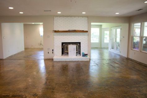 How We Stained Our Concrete Floors Concrete Floors Ideas, Diy Stained Concrete Floors, Concrete Floors Diy, Diy Concrete Stain, Acid Stained Concrete Floors, Floors Ideas, Concrete Floor Coatings, Basement Flooring Options, Acid Stained Concrete