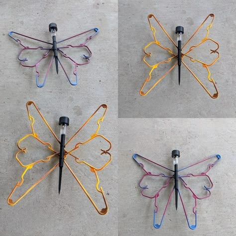 Useful Craft Ideas Diy Projects, Clothes Hanger Butterfly Diy, Plastic Hanger Crafts Projects, Plastic Hanger Crafts, Dragonfly Yard Art, Wire Hanger Crafts, Hanger Art, Plastic Clothes Hangers, Hanger Crafts