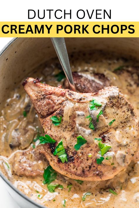 These Dutch Oven Pork Chops aren't fussy, and they're the perfect weeknight meal! If you like quick, easy, creamy, and delicious, this will be your new go-to recipe! #dutchovenrecipes #dutchovenpork #dutchovenbudgetrecipes #dutchovenporkchops #dutchovenporkchopscreamy Smothered Pork Chops Dutch Oven, Pork Chop Recipes In Dutch Oven, Dutch Oven Boneless Pork Chops, Pork Chops In A Dutch Oven, Pork Chops Dutch Oven Recipes, Dutch Oven Pork Chops And Potatoes, Dutch Oven Pork Chops Recipes, Oven Smothered Pork Chops, Pork Chops Dutch Oven