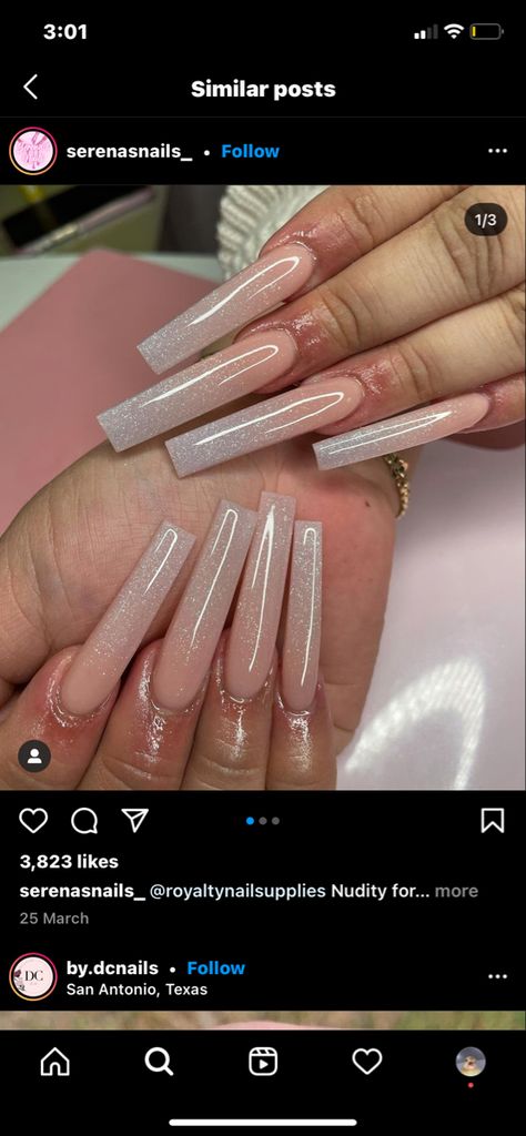 Shimmer Ombre Acrylic Nails, Ombre Long Acrylic Nails, Sparkly Ombre Acrylic Nails, Glitter Nude Acrylic Nails, Ombré Long Nails, Clear Ombre Acrylic Nails, Long Glitter Acrylic Nails, Cute Nude Acrylic Nails, Nude Glitter Ombre Nails