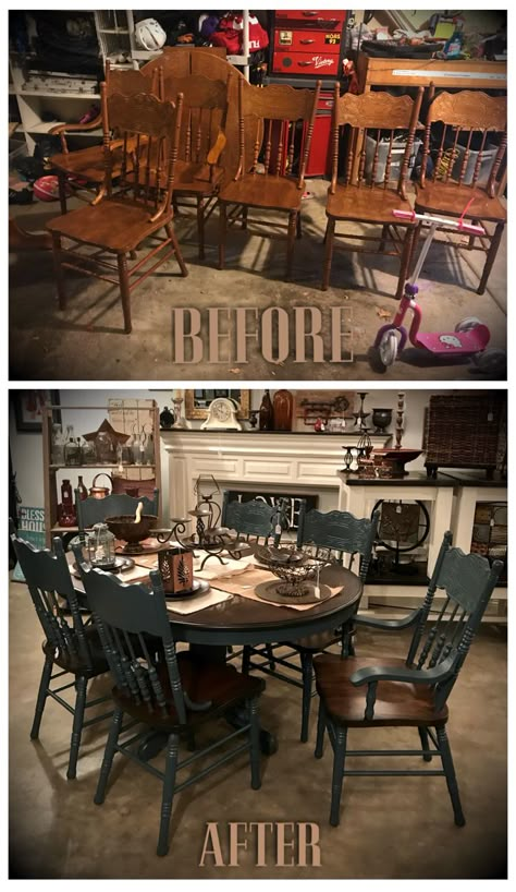 Oak Dining room set.  Took this old dated table and chairs and gave it a facelift.  Stripped and re-stained the top and seats, the rest was painted in Submarine Gray (dark teal like color) to give it a more modern look.  Restoration, DIY, upcycle, furniture-flip. Redone Kitchen Table And Chairs, Painted Old Dining Table And Chairs, Table Restoration Ideas, Repurposed Oak Table, Distressed Table And Chairs, Upcycled Dark Wood Furniture, Restored Dining Table, Painted Dining Table And Chairs Colors, Chalk Painted Dining Table And Chairs