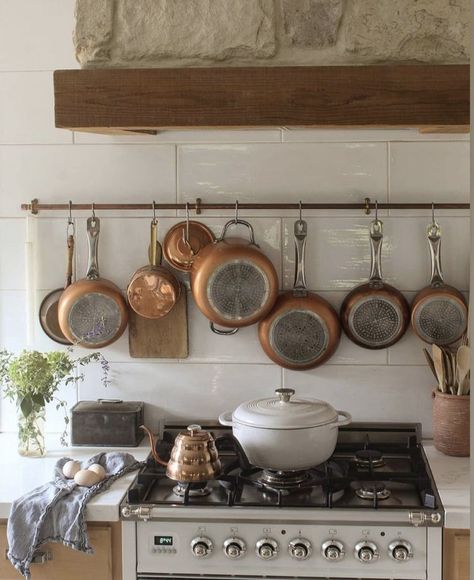 Hanging Pans Above Stove, Pot Rack Above Sink, Pans Hanging In Kitchen, Hang Pans In Kitchen, Pan Display Kitchen, Over The Stove Ideas, Kitchen With Hanging Pots And Pans, Kitchen Hanging Pots, Diy Hanging Pots And Pans