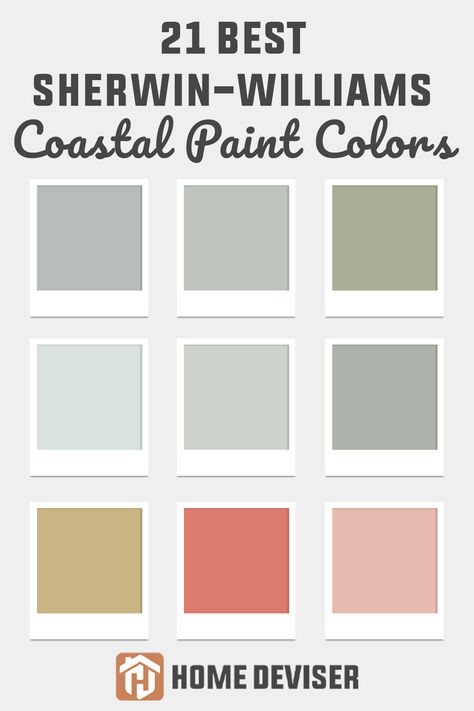 Looking for Sherwin Williams Coastal Paint Colors to complete your home? We’ve gathered 21 stunning shades to give you all the beachy inspiration you need! These 21 Sherwin Williams Coastal Paint Colors are perfect for anyone wanting to create a relaxing, beach-inspired atmosphere at home. Click to explore all the stunning shades! Cool Coastal Color Palette, Coastal Neutral Color Palette, Light And Bright Paint Colors, Sherwin Williams Coastal Color Palette, Contented Sherwin Williams Bedroom, Sherwin Williams Calming Paint Colors, Coastal Farmhouse Exterior Paint Colors, Serena And Lily Paint Colors, Beach Colors For Home