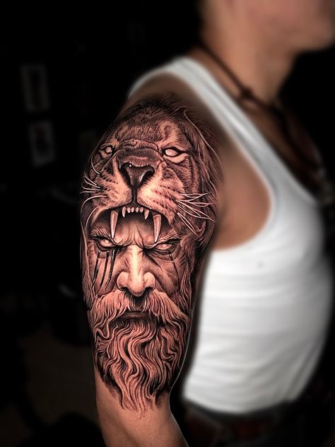 Greek Realism Tattoo, Hercules Tattoo Design, Leo Inspired Tattoos, Lion Tattoo Arm, Lion Arm Tattoo, Wings Inspiration, Wedding Band Tattoo, Hyper Realistic Tattoo, Lion Tattoo Design