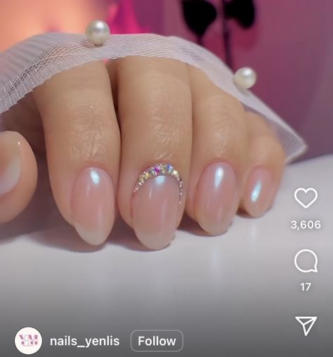 Chrome Gem Nails, Chrome French Tip With Gems, Chrome Nails Gems, Chrome Tips With Gems, White Chrome Nails With Gems, Pink Chrome Nails With Gems, Negative Space Nails, Space Nails, Metallic Nails