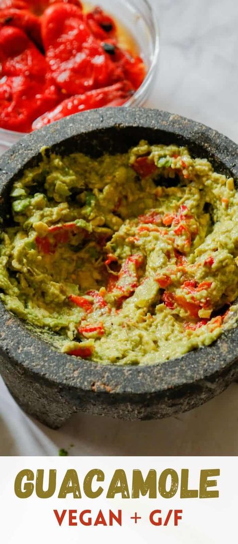 Healthy Guacamole with Roasted Peppers and Cumin - A refreshing take on an old favorite.  You'll love dipping into this smokey and rich ultra healthy guacamole.  This recipe has only 5 ingredients and a few minutes to make You can enjoy it as a side dish or load it on top of salads.  There are endless ways to enjoy this creamy and healthy guacamole recipe. #avocados #roastedpeppers #vegan #guacamole #guacamolerecipe #avocadorecipe #veganrecipe Gluten Free Guacamole Recipe, Healthy Guacamole Recipe, Vegan Guacamole, Healthy Guacamole, Best Guacamole, Pea Pesto, Chunky Guacamole, How To Make Guacamole, Fruit Pops