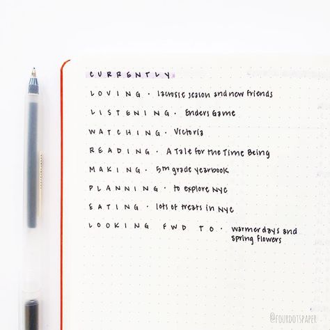 Bullet journal currently page. | @fourdotspaper Journal Inspo, Journal Themes, Bullet Journal Spread, Bullet Journal Inspo, Journal Page, Planner Addicts, Bullet Journals, Time Capsule, Bullet Journaling