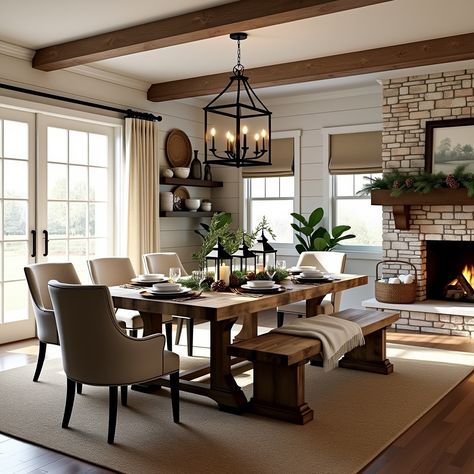 🍽️✨ Dream Dining Room Vibes! ✨🍽️ Which of these stunning dining spaces would you love to host your next gathering in? 1️⃣ Chic modern elegance with a sleek table and minimalist lighting 💡 2️⃣ Cozy farmhouse charm with rustic beams and a warm fireplace 🔥 3️⃣ Scandinavian-inspired simplicity with natural elements and bright lighting 🌿 Tell us your favorite in the comments! 💬👇 Tag someone who loves a beautiful dining space! 🖤 Stay tuned for next week’s room reveal! 🏡🌟 #SaturdayRoomPick #Drea... Dining Area With Fireplace, Dining Room Design With Fireplace, Large Dining Room With Fireplace, Fireplace Dining Room Ideas, Couch In Dining Room, Fireplace In Dining Room Ideas, Dining Room With Fireplace Ideas, Fireplace In Dining Room, Dining Room Modern Farmhouse