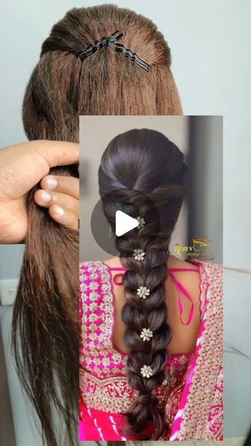 Easy Messy Braids For Long Hair, Engement Bride Hairstyle, Simple Self Hairstyles, Messy Hair Braid, Half Saree Hairstyles For Long Hair, Hairstyle For Round Face Shape Indian, Hairstyles For Long Hair Indian Wedding, Front Variation Hairstyle Indian, Broket Blouse Design