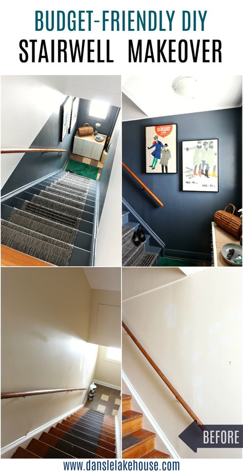 Looking for painted stairs ideas? Take a Look at This Bold and Budget-Friendly DIY Stairwell Makeover. Click through for the stairwell makeover before and after with dark painted stairs. I love the unique painted stairs with runner! The dark grey stairs look modern with the same color painted on the walls! A very creative painted stairs idea. #paintedstairs #diystairs Stairwell Color Ideas, Stairwell Paint Colors, Painted Stairs With Runner, Stairs With Runner, Stairwell Wall Ideas, Stairwell Makeover, Painted Stairs Ideas, Grey Stairs, Hallway Wall Colors