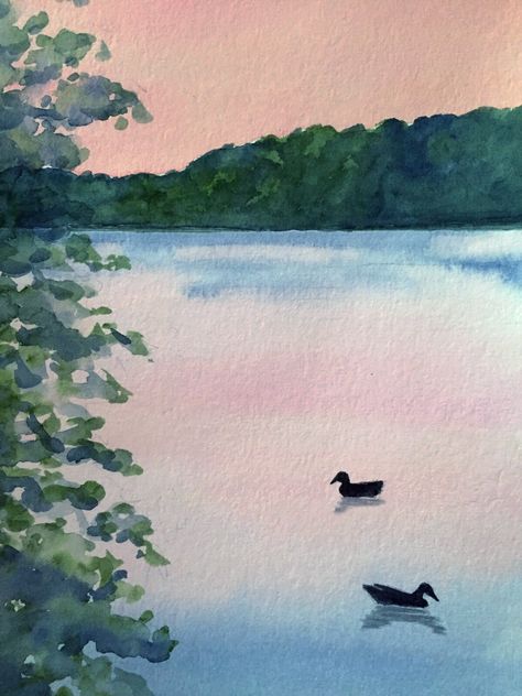 Ducks at sunset. In watercolor. FranL Watercolor Inspo Aesthetic Easy, Watercolor Landscape Easy Step By Step, Watercolor Inspo Landscape, How To Watercolor Sunset, Easy Animal Painting Ideas, Watercolour Inspiration Landscape, Easy Watercolor Paintings Tutorials, Watercolor Landscape Easy, Watercolor Landscape Paintings Easy