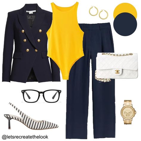 Navy x Yellow x White - 9 Outfit Ideas 💛 A bit nautical, preppy and classic all intertwined and a great combination to try for spring. Look into your closet, I’m sure you have some items in these three colors, think about how you can pair them together. This is a great way to add a pop of color! 💛 Save this post for color and style inspo!🥰 Links will be available on the blog later today. (Link in bio) Are you subscribed? 😉 #letsrecreatethelook #springstyle #outfitideas #styleinspiration #cas... Yellow And Blue Outfits Women, Blue And Yellow Outfit Ideas, Yellow And Blue Outfits, Blue And Yellow Outfit, Fashionable Work Outfit, Yellow Outfit, Spring Look, Navy Suit, Everyday Outfit