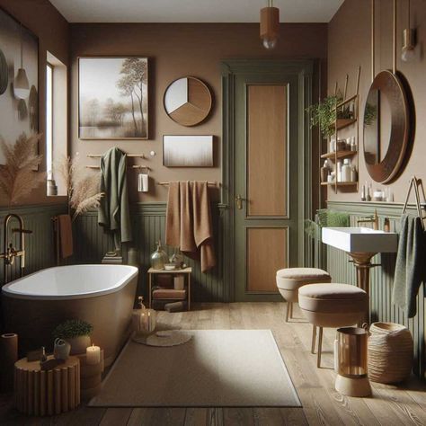 Green Witch Bathroom Ideas, Olive And Cream Bathroom, Brown Farmhouse Bathroom, Earth Tone Small Bathroom, Earthy Moody Bathroom, Earthy Bathroom Paint Colors, Moody Cottagecore Bathroom, Rust And Green Bathroom, Boho Bathroom Color Palette