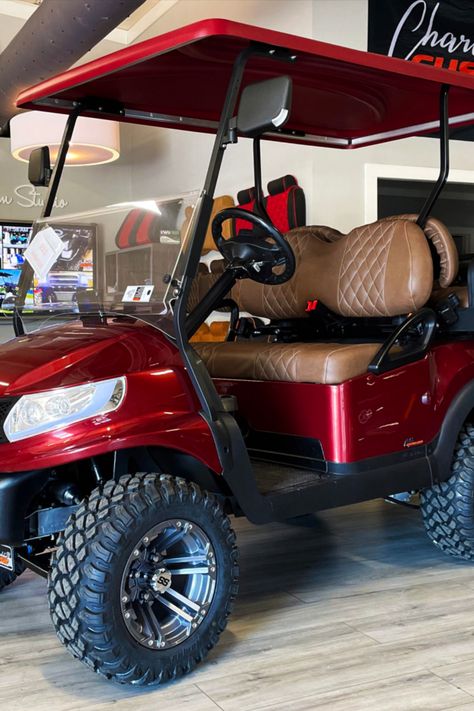 Maroon Golf Cart Golf Cart Decorating Ideas Summer, Cool Golf Carts, Golf Cart Trailer, Golf Cart Fire Truck, Cute Golf Cart, Red Golf Cart, Golf Cart With Doors, Golf Cart, Black Golf Cart