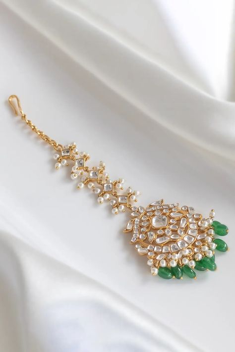 Kundan Stone Embellished Maangtikka with Green Bead Drops Mang Tikka, Ruffle Saree, Drape Saree, Gold Wedding Jewelry, Blouse For Women, Buy Gold, Saree With Blouse, Sweetheart Neck, Blue Satin