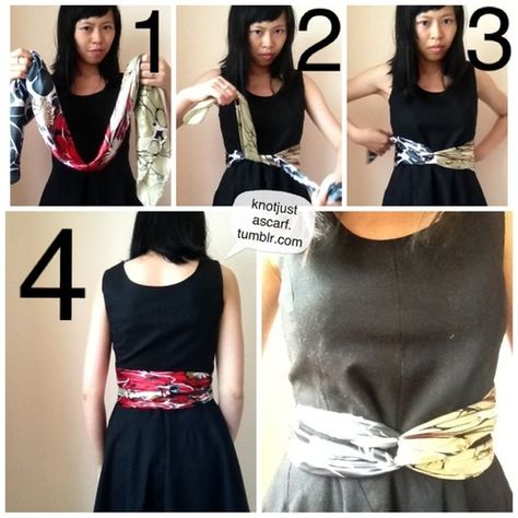 KNOT JUST A SCARF: Ways to Tie A Silk Scarf - 90+ Ways of How To Wear A Silk Scarf! Tie A Wrap Dress, How To Tie A Wrap Dress, Scarfs Ideas, Tie A Silk Scarf, How To Wear Belts, Sew Patterns, Scarf Knots, Ikat Pinggang, Ways To Wear A Scarf