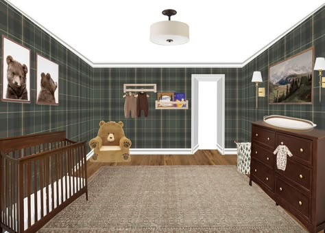 Plaid boys nursery Plaid Boy Nursery, Green Plaid Nursery, Plaid Boys Room, Plaid Nursery Boy, Plaid Wallpaper Nursery, Plaid Nursery Wallpaper, Vintage Sports Nursery Baby Boy, Blue Plaid Nursery, Ralph Lauren Nursery Baby Boy