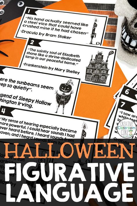 Halloween Figurative Language Activities for Middle School and High School featuring figurative language examples from classic literature! Students read excerpts from works such as Mary Shelley's Frankenstein, Bram Stoker's Dracula, and short stories by Edgar Allan Poe on these fun figurative language task cards. The perfect Halloween Figurative Language activity! Halloween Figurative Language Activities, Halloween Literacy Activities Middle School, Halloween Activities For High School Students, Halloween Figurative Language, Figurative Language Examples, Spooky Classroom, Halloween Literacy Activities, Figurative Language Activities, Middle School Esl